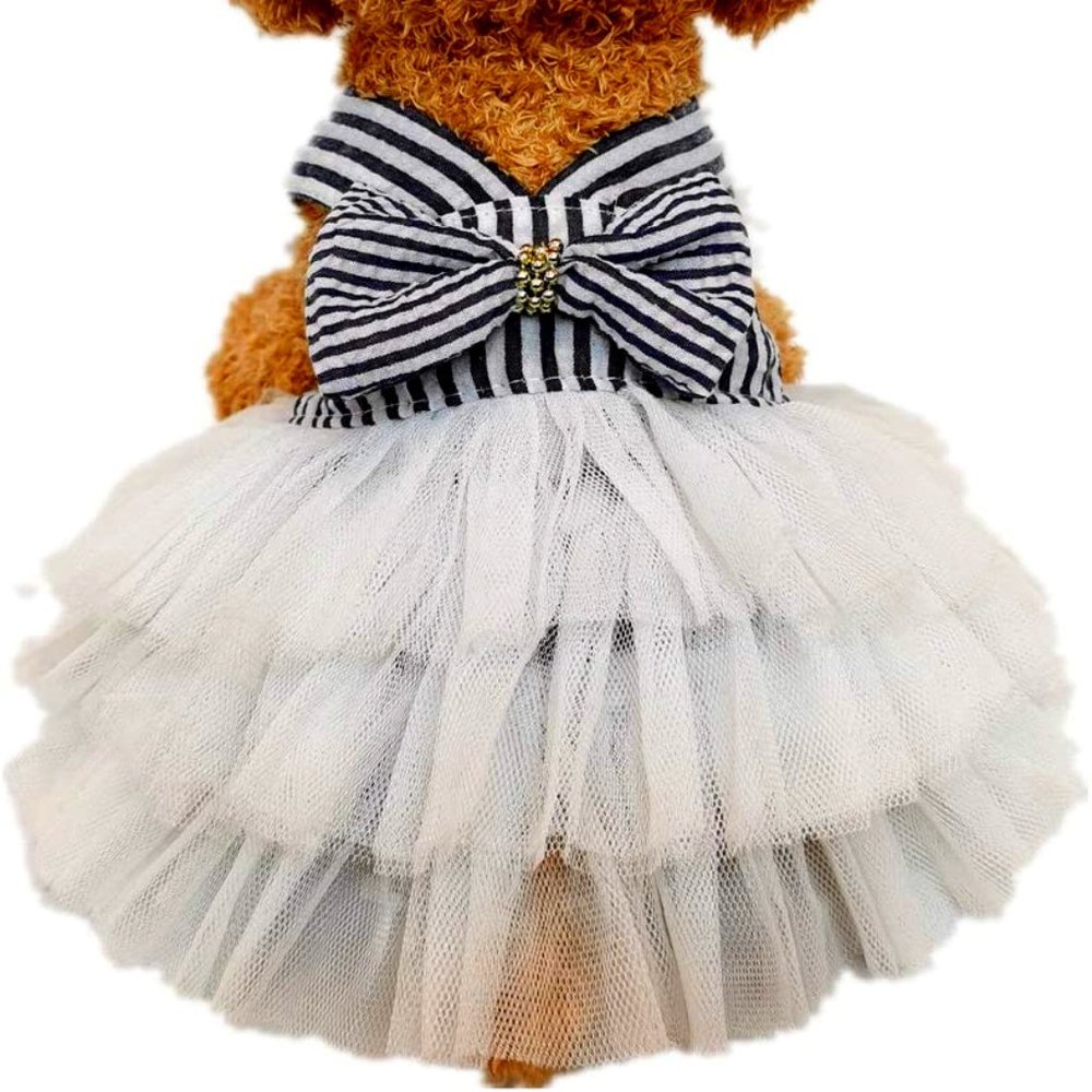 NEW Sweet Puppy Dog Striped Suspender Bow Lace Tutu Skirt Doggie Dress